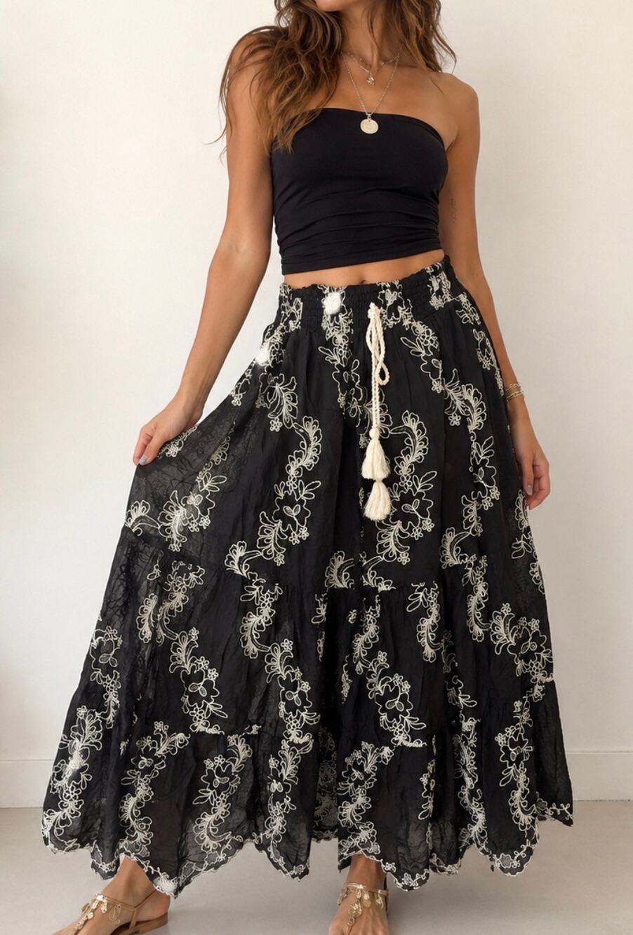 POL Black Maxi Skirt with Cream Embroidery